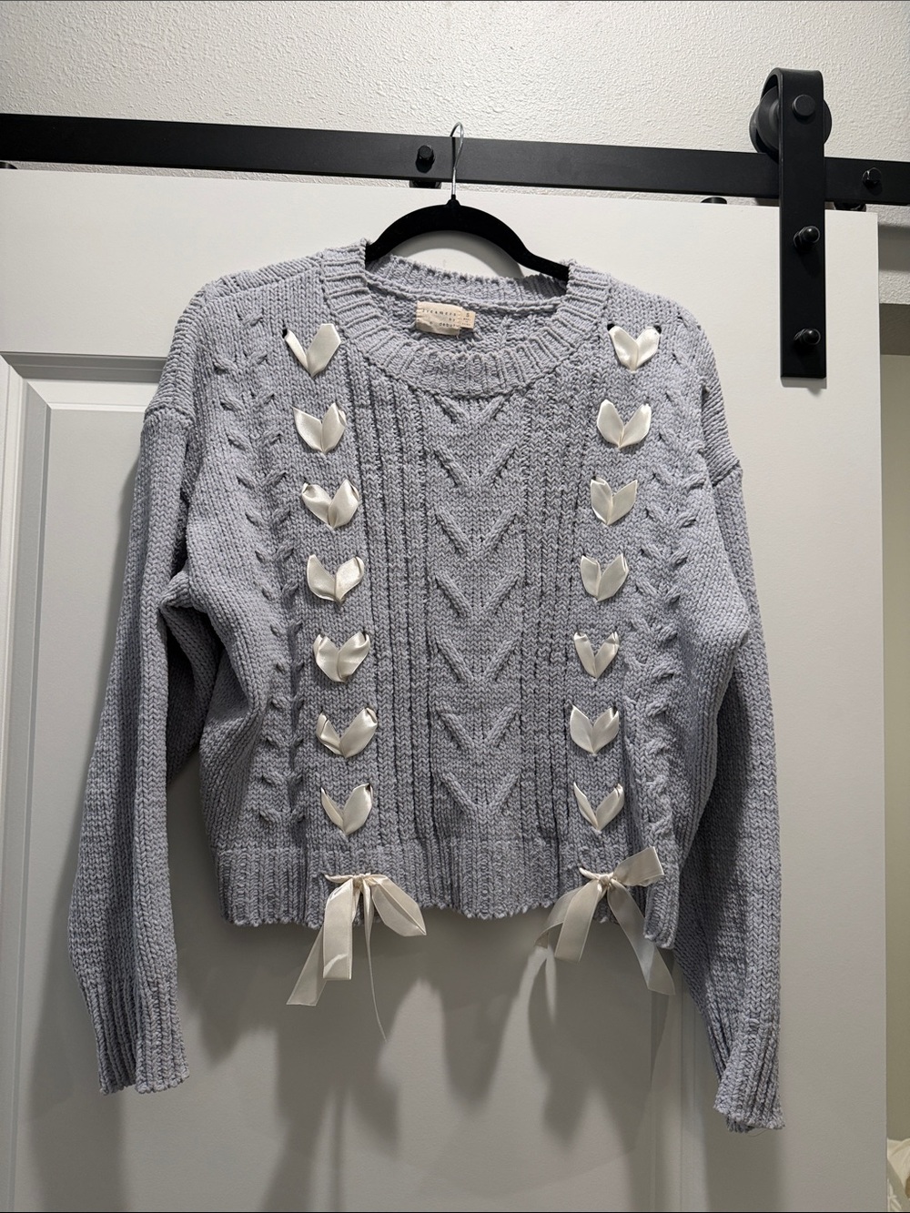 Light Blue Cable-Knit Crewneck Sweater with Satin Ribbon Accents